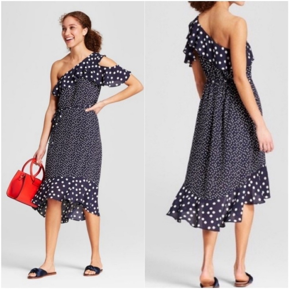 A New Day One Shoulder Navy Blue Polka Dot Summer Dress